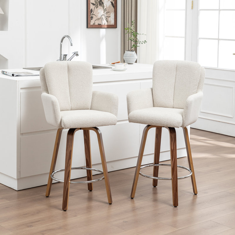 Tabouret de comptoir pivotant rembourré blanc avec pieds en bois courbé, White