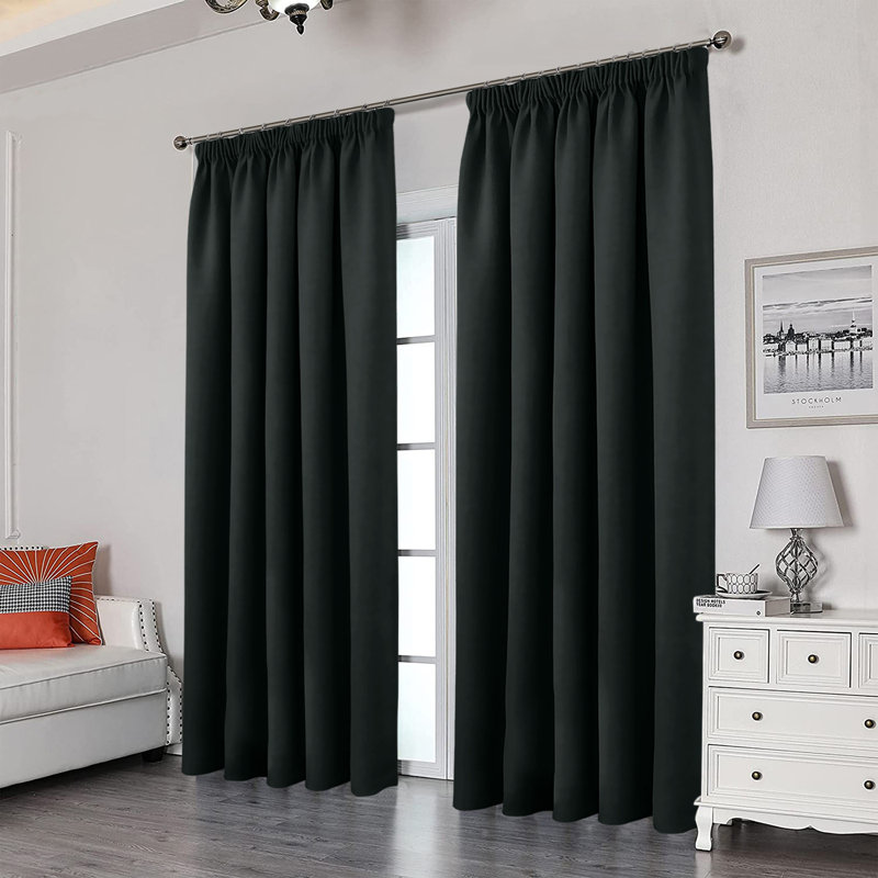 Blackout Pencil Pleat Curtains - Thermal Insulated, Light Blocking Window Drapes, Black, 168cm Width x 213cm Drop