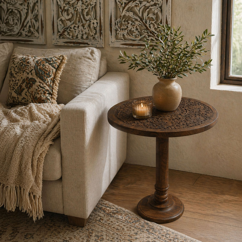 Ari 22 Inch Side End Table, Round Top, Hand Carved Indian Mandala Boho Accent, Brown Mango Wood