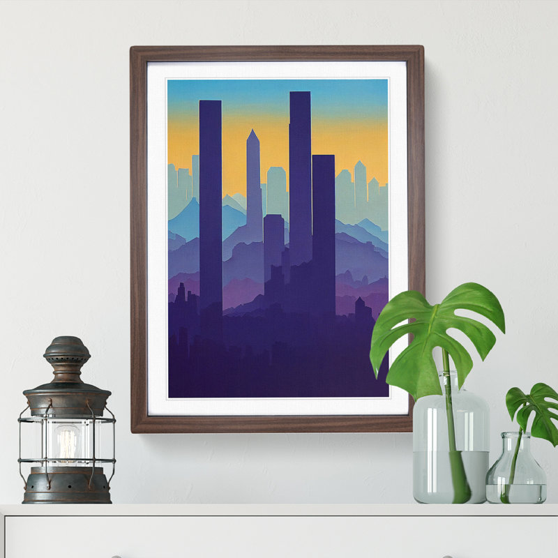A Serene City Skyline No.5 Abstract - Single Picture Frame Painting, 64cm H x 46cm W x 2cm D, Walnut