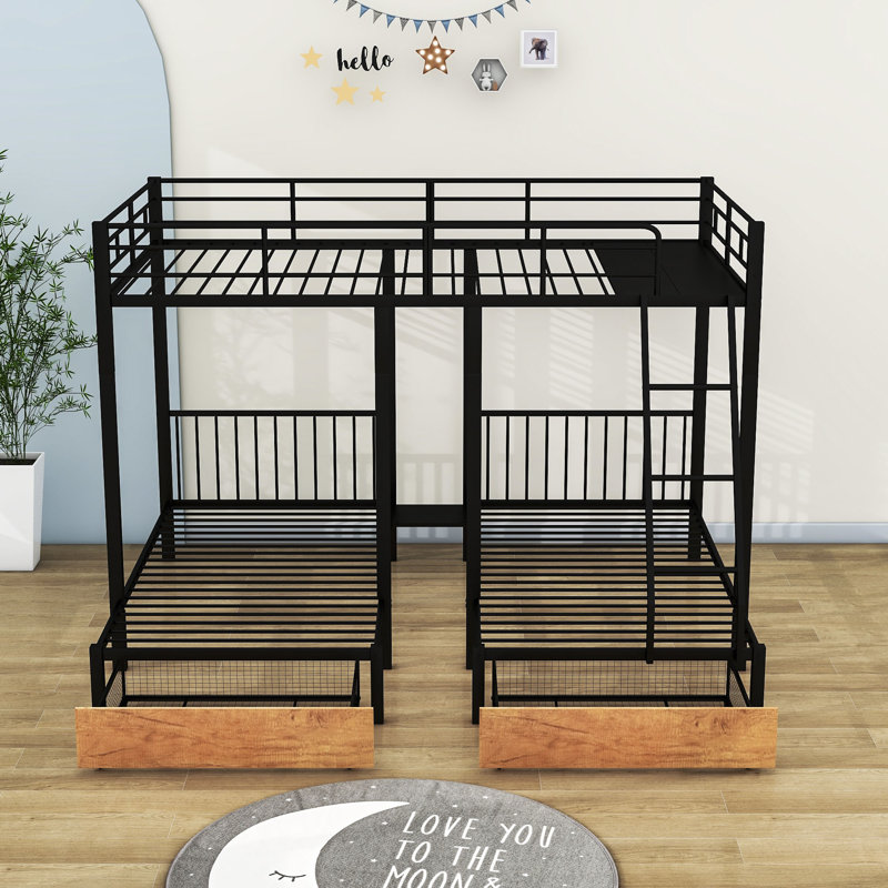 Lits superposés en L en métal 2 tiroirs Ty pour enfants, Noir