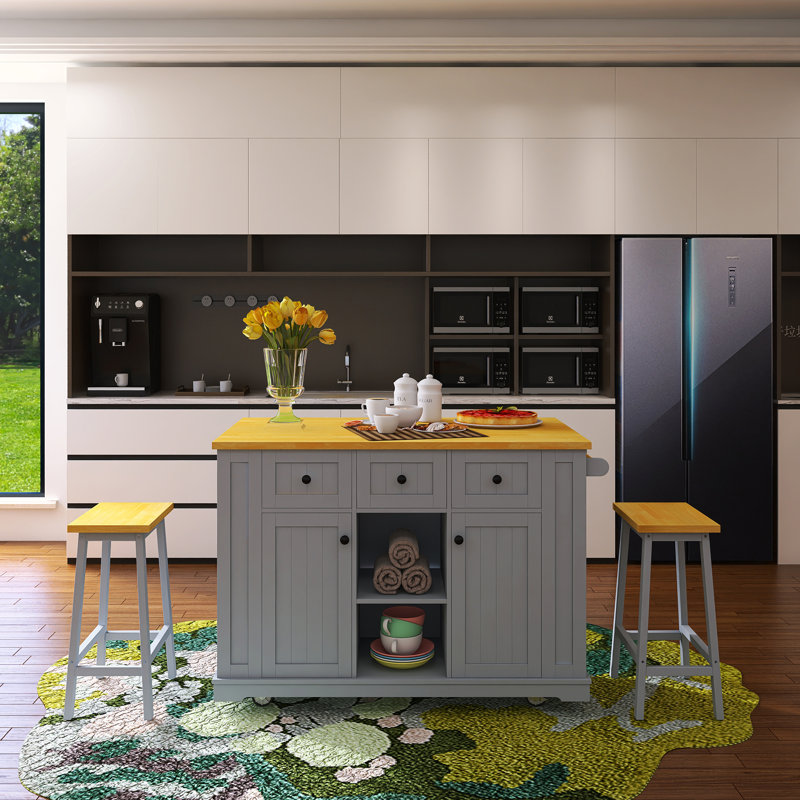 Ensemble d'îlot de cuisine 50,00 "avec 2 tabourets de bar, prise de courant et 5 supports latéraux ouverts