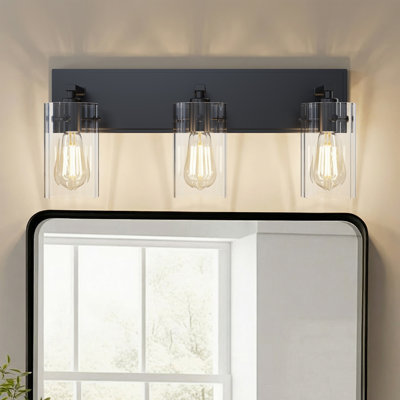 21" W Modern 3-Light Black Dimmable Bathroom Vanity Light With Ribbed Glass Shade