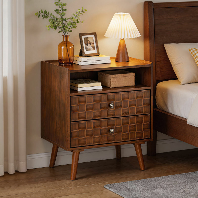 Nightstand with Charging Station, 2 Drawer Bedside Table with Open Shelf, Walnut