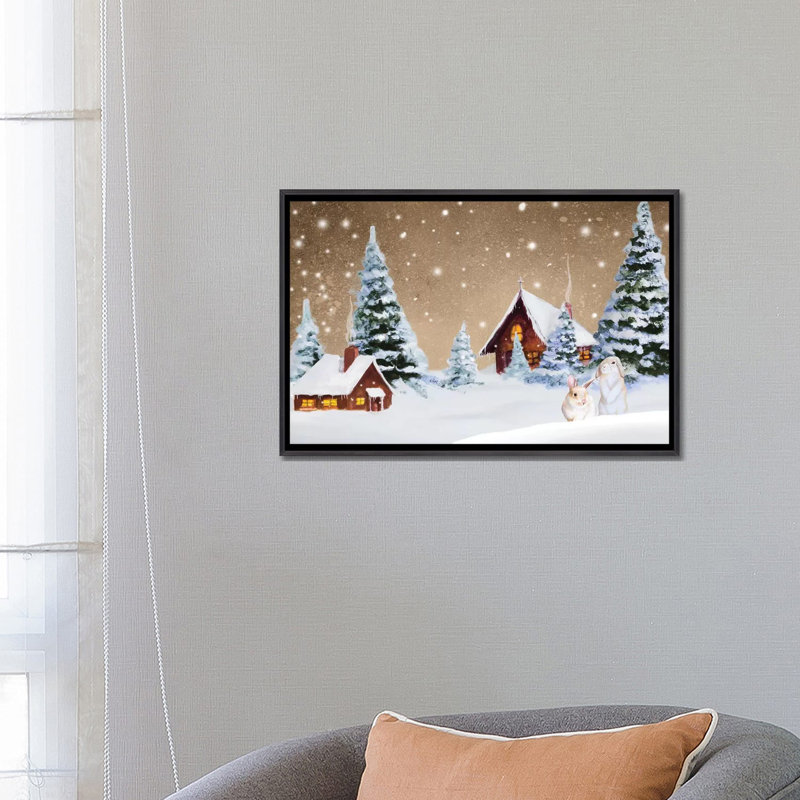 « Christmas village » par Janice Gaynor-impression, Pas de tapis, H 18 po x l 26 po x P 1,5 po, Toile avec cadre noir patiné