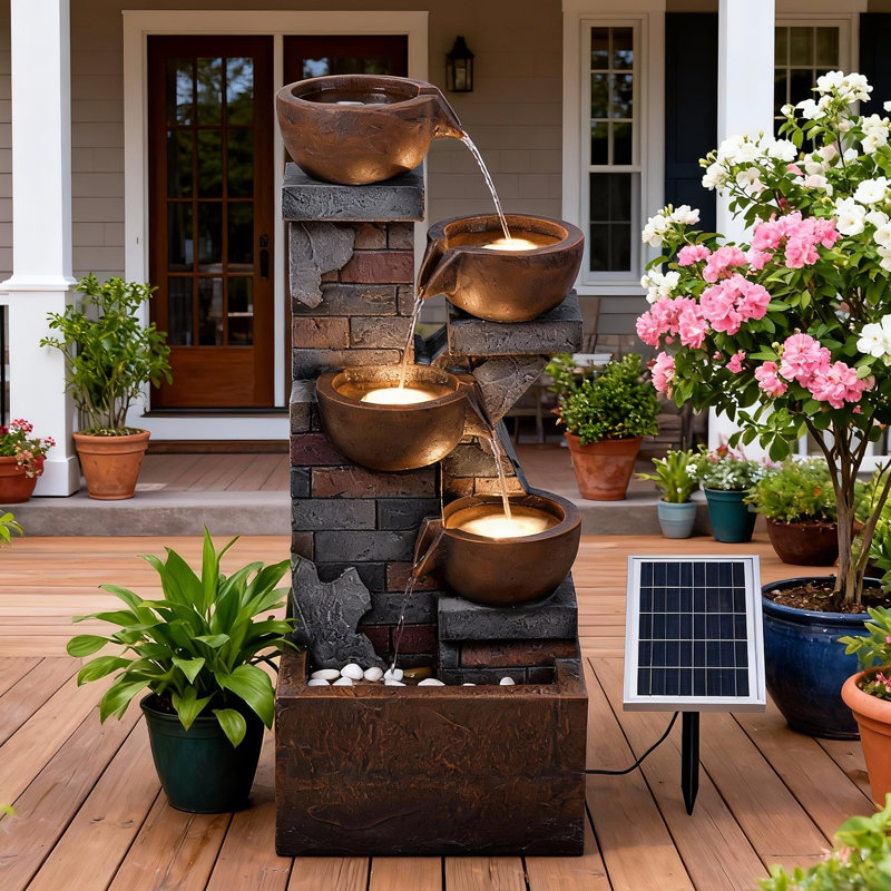 33.5" Tall Outdoor Solar Water Fountain,4 Tiered Cascading Bowl Outdoor Freestanding Solar Fountains With Light, Waterfall Floor Standing Water Feature For Garden, Patio, Backyard, Deck, Porch, Indoor Decor