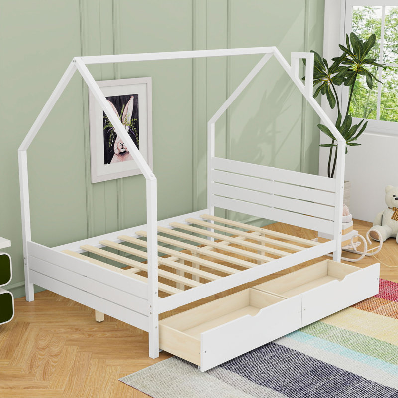 Cadre de lit avec 2 tiroirs de rangement, Full, Blanc