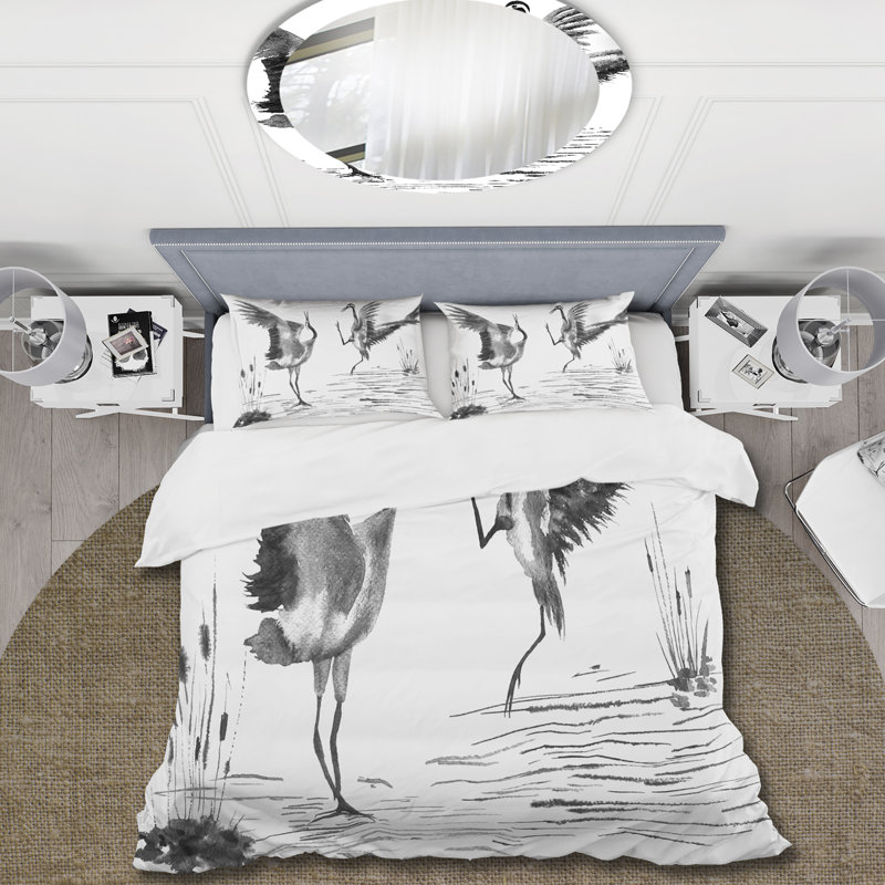 Deux grues japonaises amoureux - ensemble de housse de couette traditionnel - microfibre de polyester