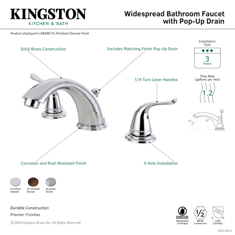 Kingston Brass Yosemite Two-Handle 3-Hole Deck Mount Widespread Bathroom Faucet with Retail Pop-Up Drain, Brushed Nickel