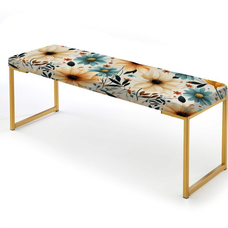 Upholstered Bench, Retro Blue And Beige Floral Gardens I