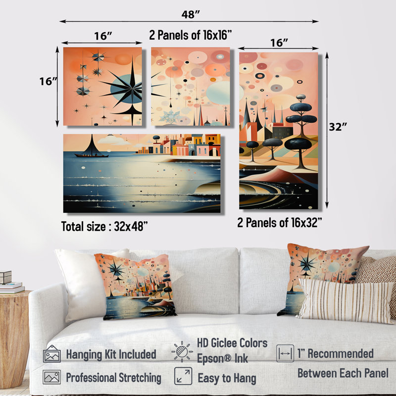 «Vintage City In Retro Pastel Palette» - Art mural moderne 4 pièces, Toile tendue, Ne s’applique pas