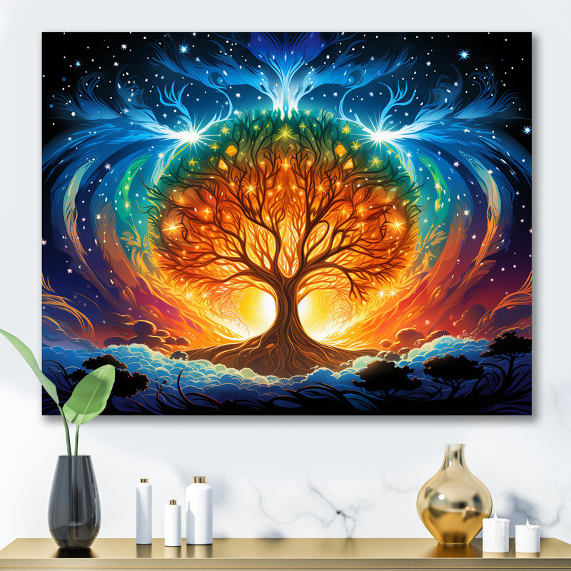 Arbre de vie bleu et orange - art mural arbre, H 12 po x l 20 po x P 1 po, Toile tendue