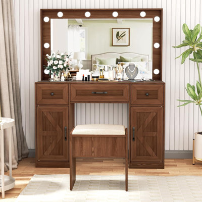 Bureau de maquillage avec grand miroir et 10 lumières DEL, prise et tabouret inclus (noir)