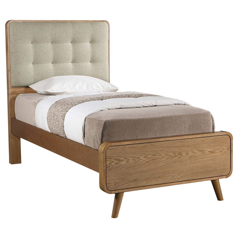 Lit rembourré Mid-Century moderne pour chambre à coucher, Lit simple, Frêne clair