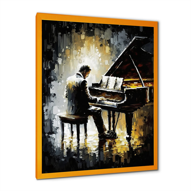 Homme jouant du piano II - musique, art mural, L 24 po x H 32 po, Impression dorée sur toile encadrée