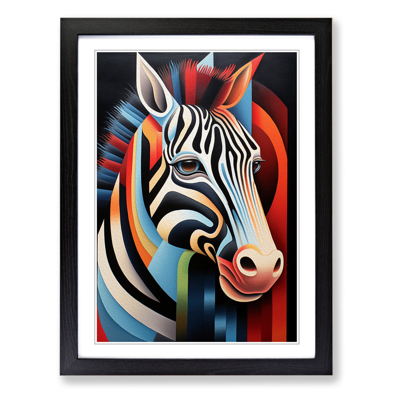 XYZ-FRM-V1223-1733 Zebra Hard Edge Painting No.2 - Single Picture Frame Print on Wood, 46cm H x 34cm W x 2cm D, Black