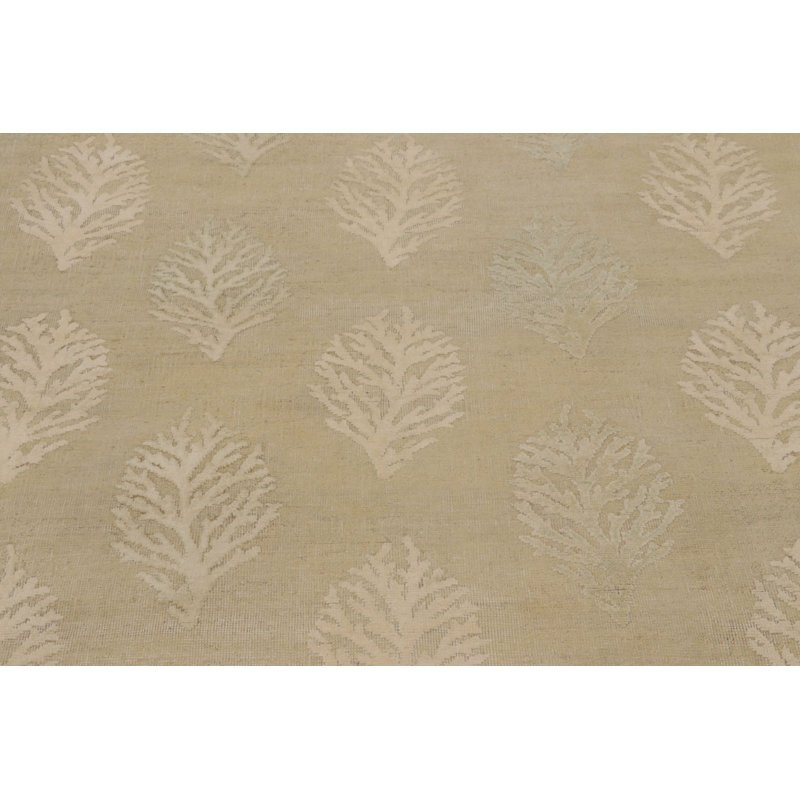 Rug & Kilim’S Square Block Print Rug With Beige And Gold Leaf Florals