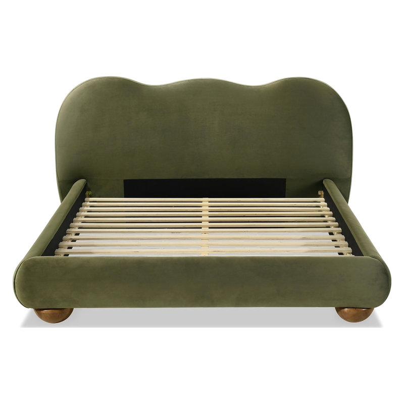 Lit olive contemporain, très grand lit oriental, revêtement en velours bouclé, bois d'hévéa massif et bois d'ingénierie, structure à profil bas, bois d'hévéa, lit pour chambre à coucher