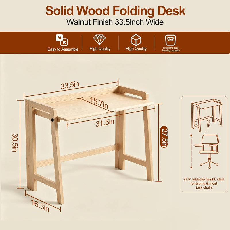 Bureau pliant en bois massif de 80 cm, table de chevet naturelle pour chambre à coucher