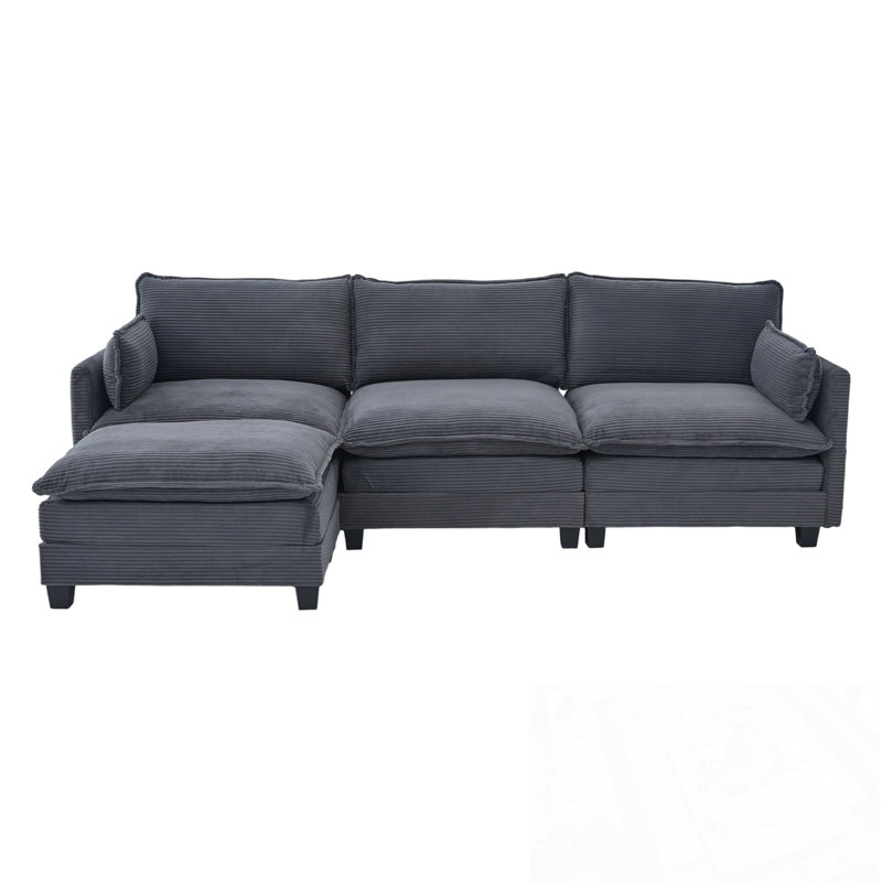 L Shaped Modular Sectional Sofa with Movable Ottoman and side pocket, Gray