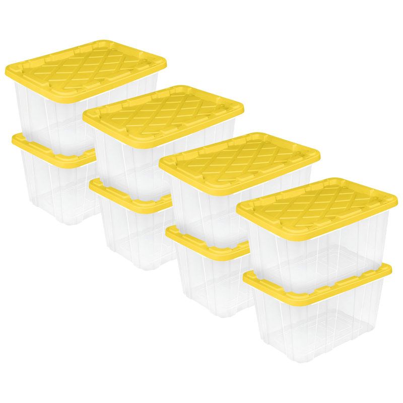 Sterilite Industrial Stackable Storage Tote Lidded Containers, 8 Pack, 27 Gallon, Clear/Yellow
