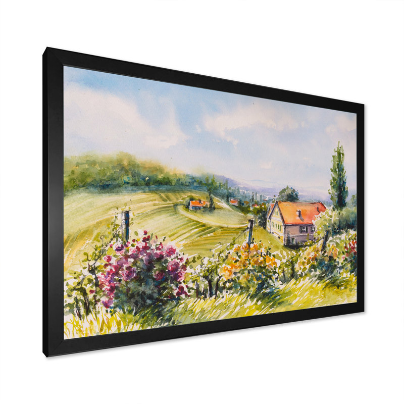 Petite maison dans la campagne verte - Peinture sur toile, H 24 po x l 32 po x P 1 po, Cadre d'angle fermé noir