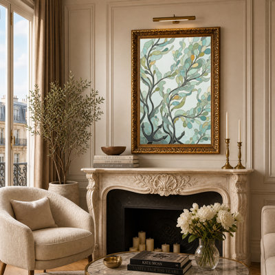 Tableau sur toile représentant des branches d'arbre en vitrail turquoise et vert