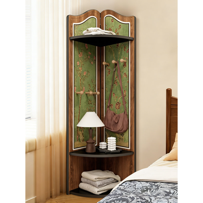 Wood & Fabric Corner Coat Rack with Shelves - Vintage Floral Panel Storage Organizer for Bedroom, Entryway & Living Room
