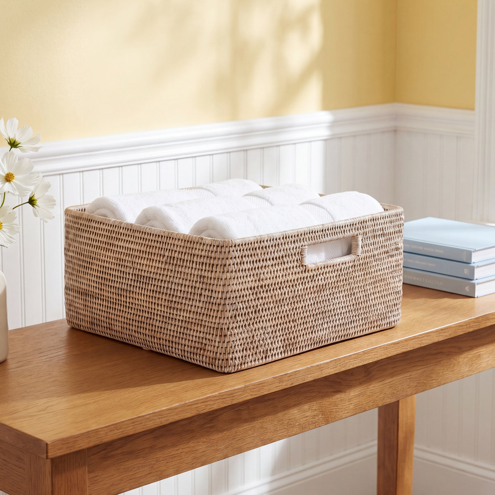 Handwoven Rattan Storage Basket, White Wash