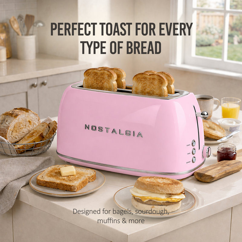 Classic Retro 4- Slice Toaster, Pink, Pink