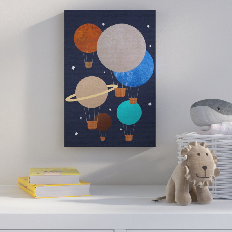 Planètes en montgolfière, H 20 po x l 16 po, Toile tendue