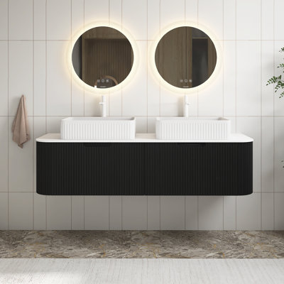 Meuble-lavabo mural 60 po pré-assemblé couleur grain de bois avec 2 lavabos rectangulaires blancs en céramique