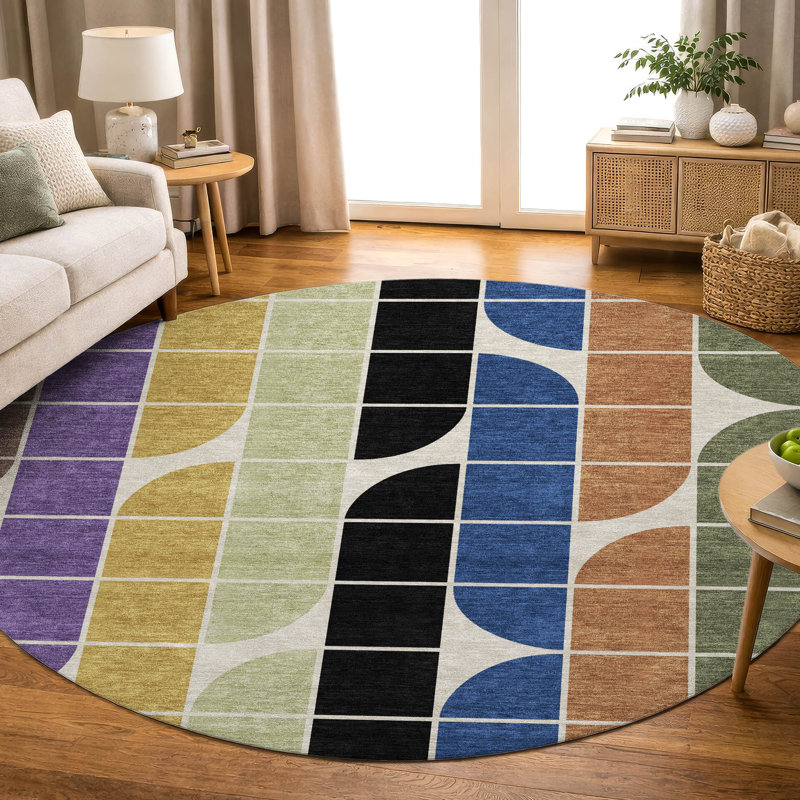 Premium Machine Washable Mayfield AMF2418 Geometric Rug, Blue, 8' Round