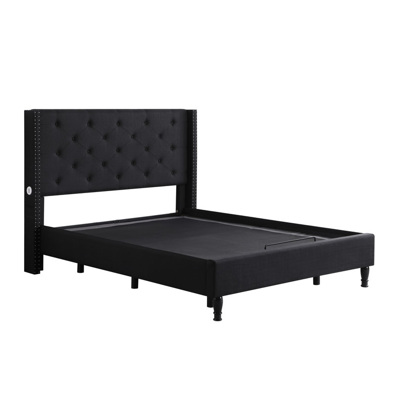 Levasy Upholstered Wingback Bed, Black, Queen