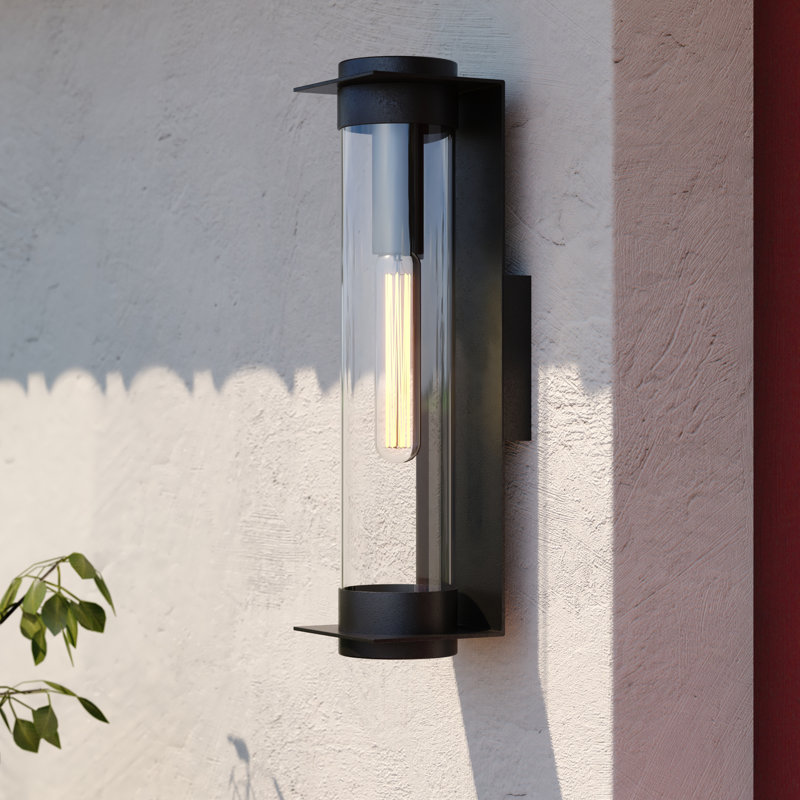 18 in. H 1-Light Textured Black Contemporary Outdoor Wall Sconce made of Durable Metal, Clear Glass Shade, LED Compatible, Use for Exterior Porch Patio Front Door or Garage