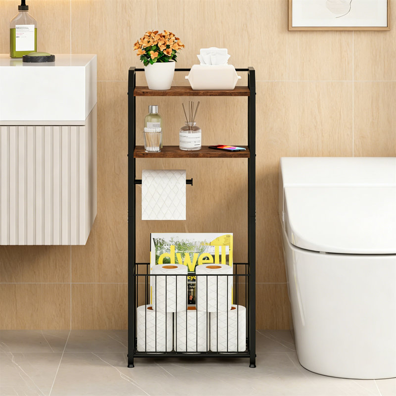 4-Tier Freestanding Toilet Paper Holder With Wood Shelves And Basket