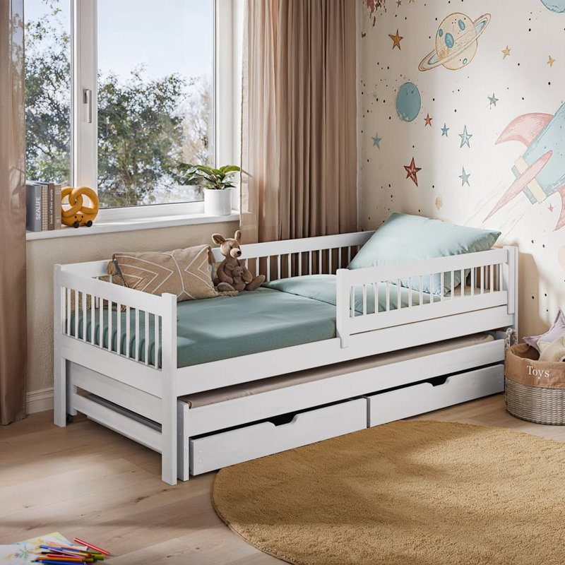 Wooden Bed Thyrvi Grey - Space-Saving Pine Bed with Pull-Out Sleeper and Mattressess, White