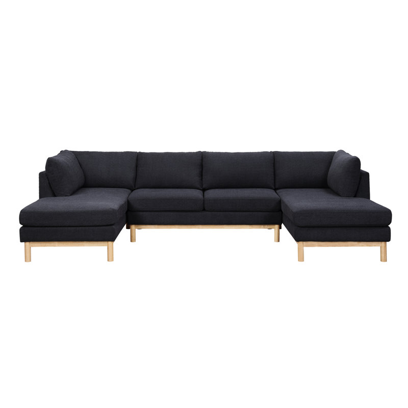 Elegant Black Sectional With Foam Padding Modern Double Chaise Natural Wood Accents