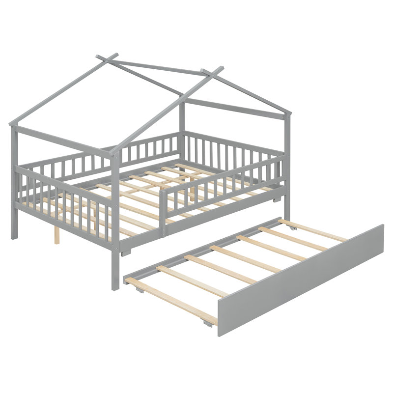 Lit double en bois avec lit gigogne simple, gris, Gris, Lit double
