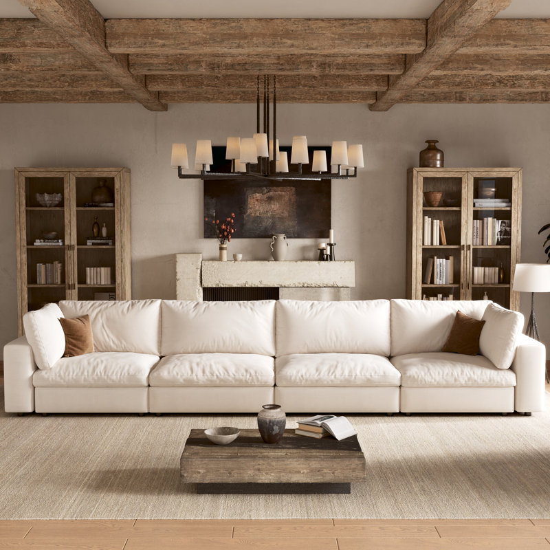 Canapé modulaire rembourré 4 pièces avec rangement 142 po 4 pièces, Lin blanc, H 37,6 po x l 142 po x P 64 po