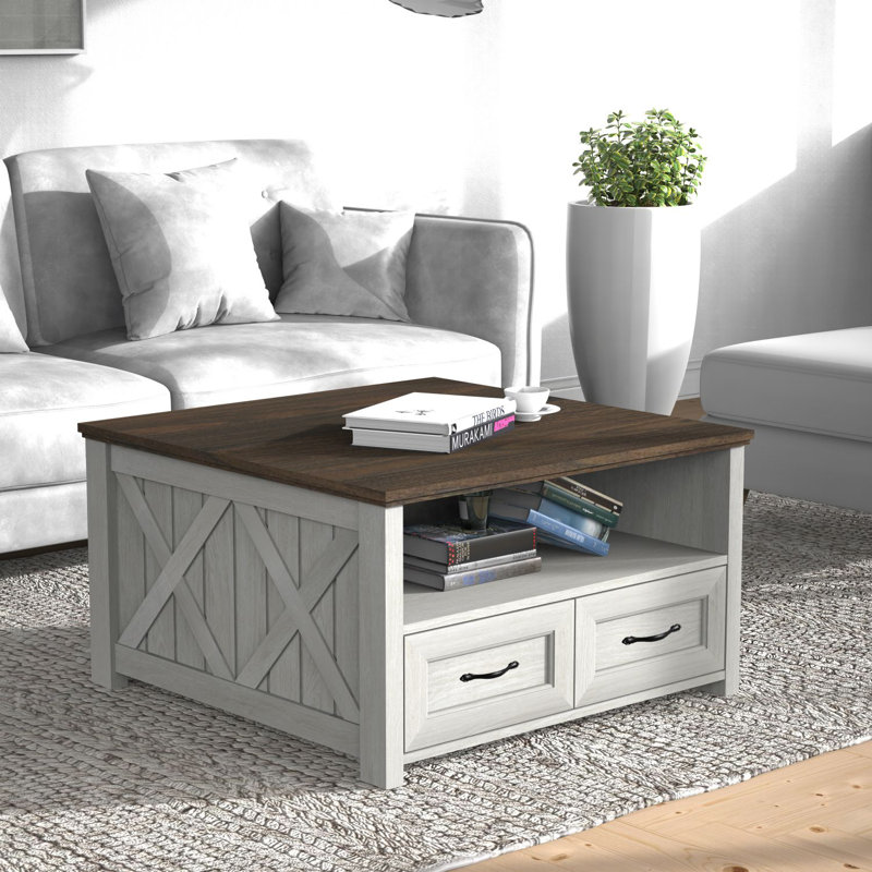 Table basse carrée avec rangement à 4 tiroirs, Grey Wood
