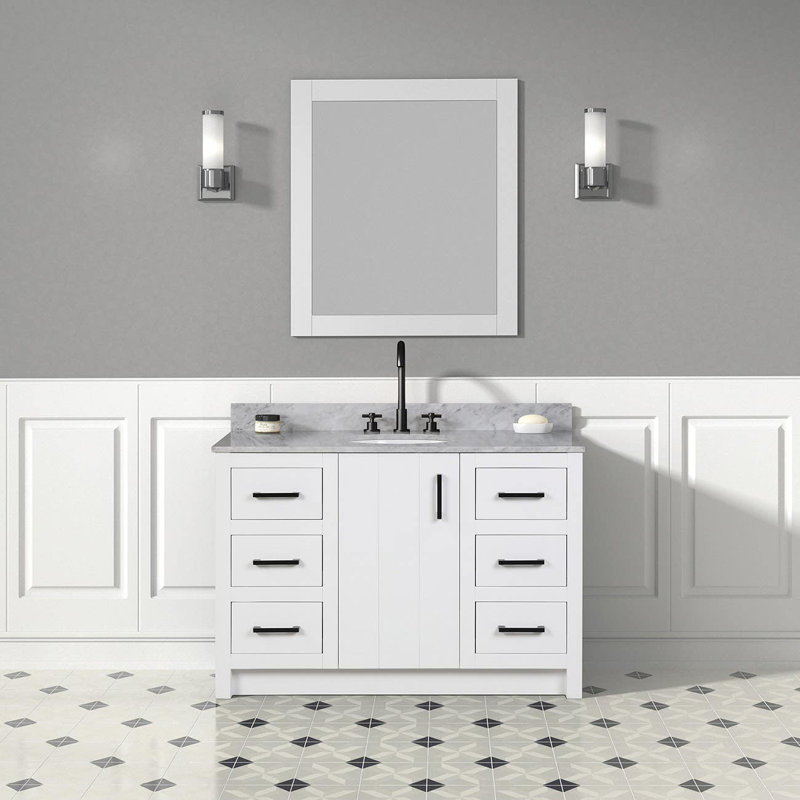 48'' Single Bathroom Vanity with Marble Top, White, Matte Black