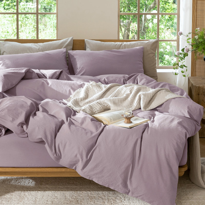 MooMee Lightweight Duvet Cover Set with Zipper Closure 8 Ties 100% Washed Cotton Linen Like Textured Soft Breathable All-Season
