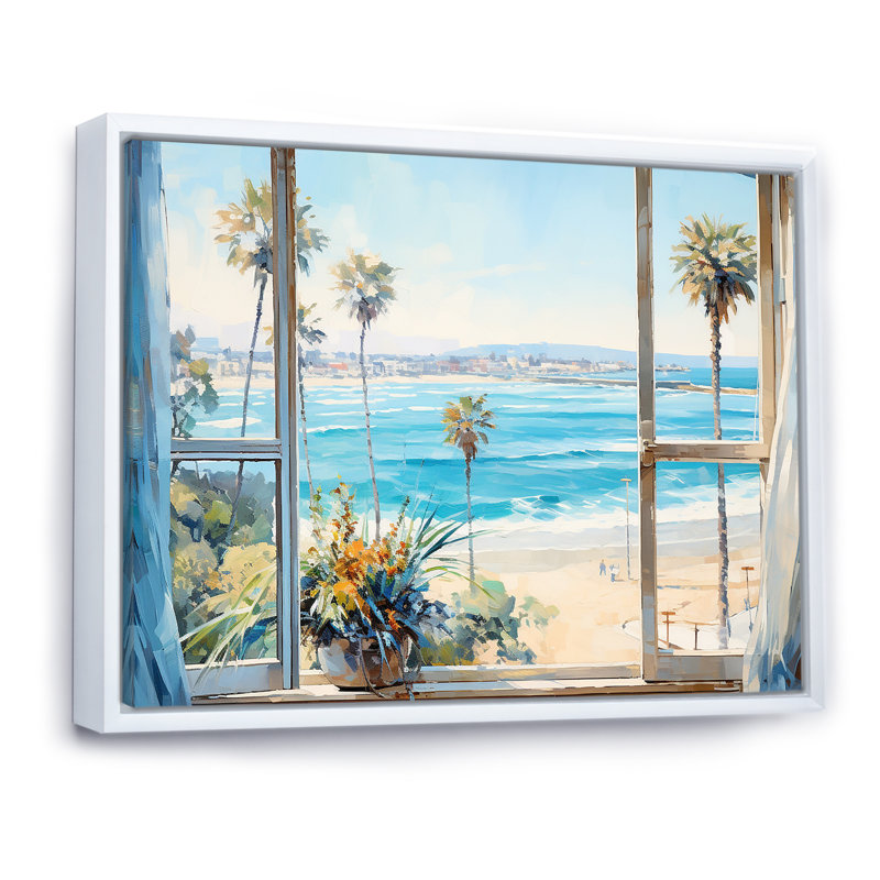 «Coastal Window View By The Beach IV» - art mural côtier, Cadre flottant blanc, H 30 po x l 40 po x P 1,5 po