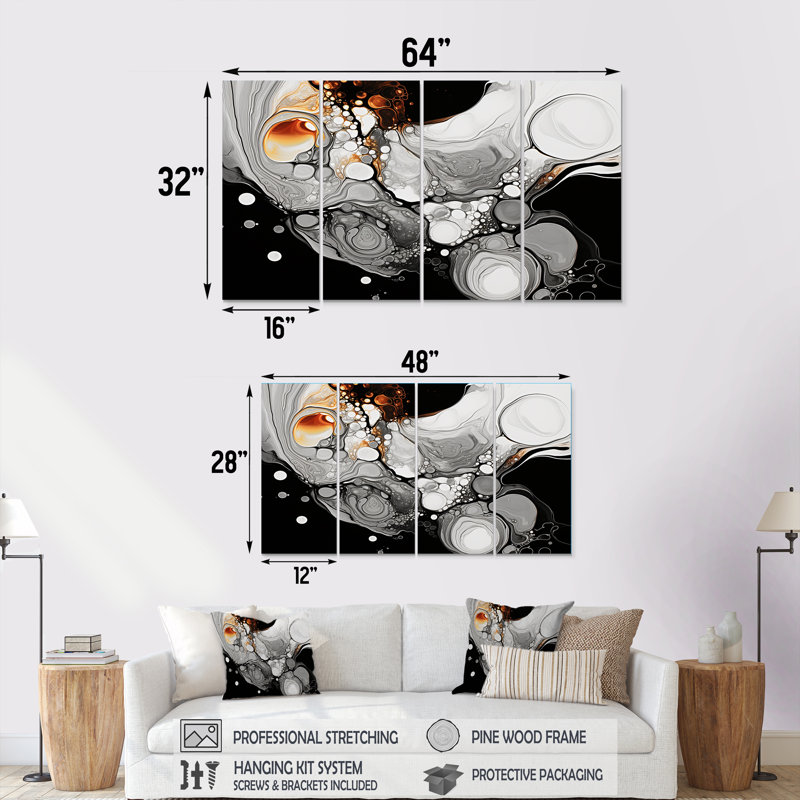 Encre liquide grise et noire Fusion II - art abstrait, ensemble de 4 décorations murales, H 28 po x l 48 po