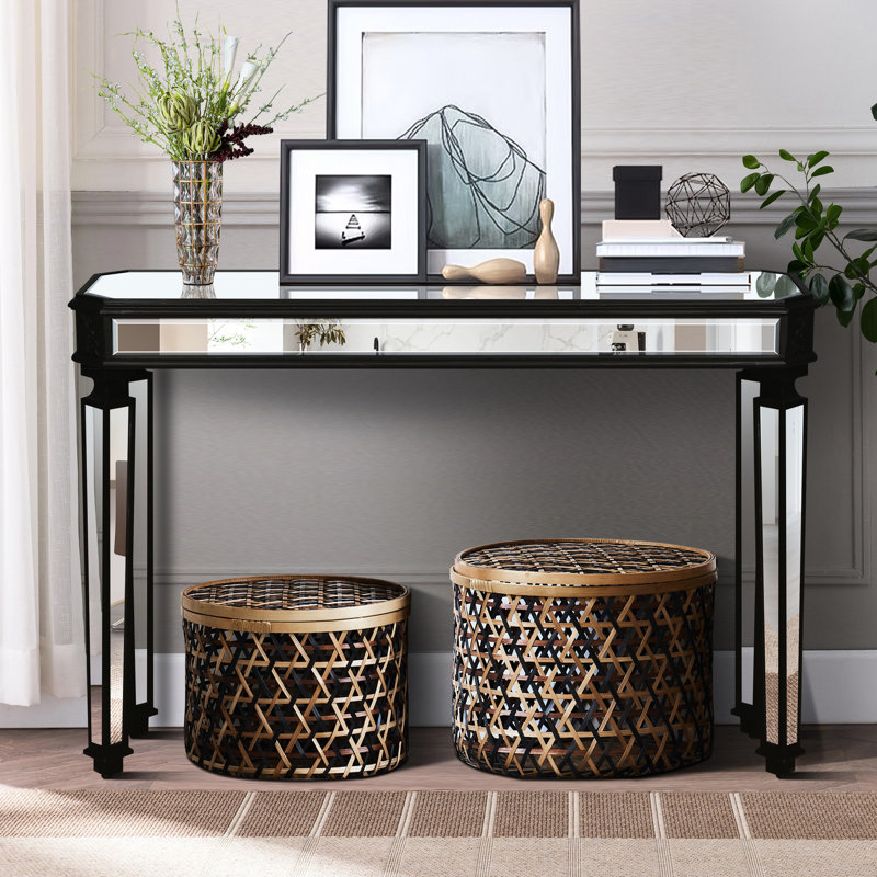 Console vintage en bois sculpté avec finition en miroir, fixation au sol pour - noir et argent, l 48 po x H 32,7 po, sculpture solide et verre, entrée de forme triangulaire