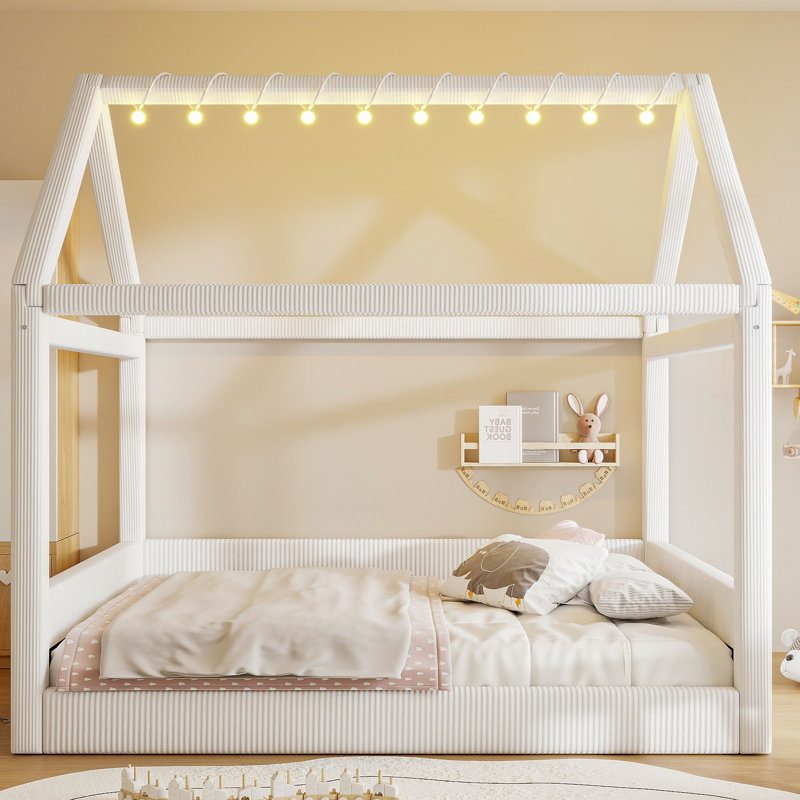 Full Size Upholstered House Daybed with LED Lights & Touch Switch – Playful Kids Bed, Beige
