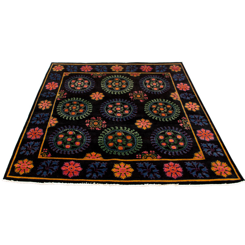 Tapis unique en laine noué à la main noir / vert / saumon 8 pi 8 po x 9 pi 4 po New Age Lahore