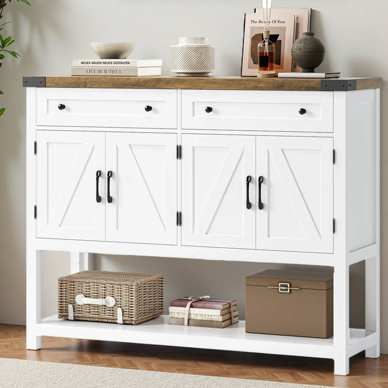  Console en bois de style moderne 47,2 po avec 2 tiroirs Darius, Base blanche / plateau brun rustique