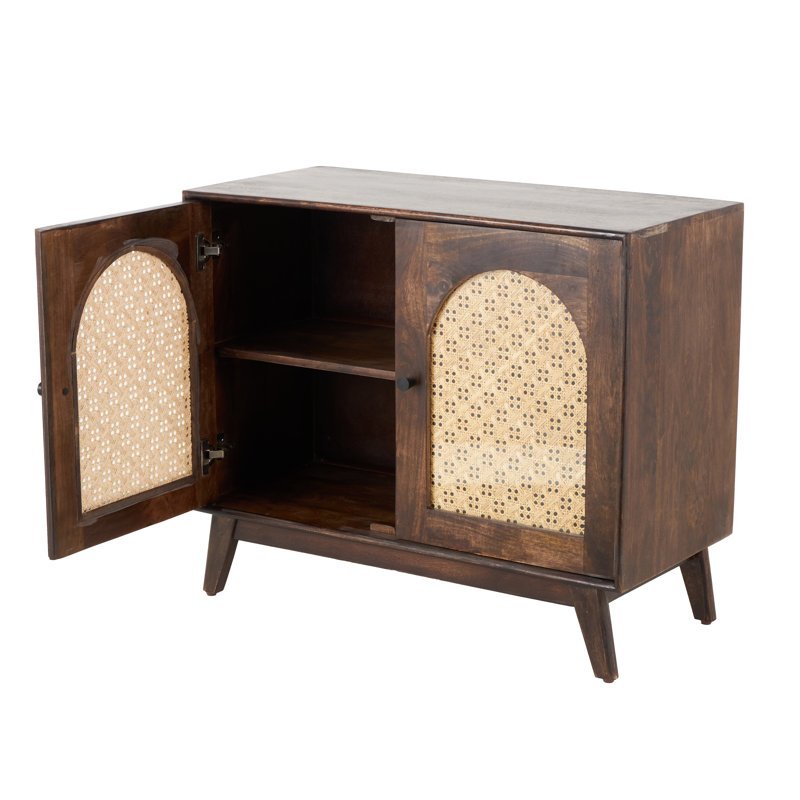 Mango Wood Handmade 2 Door Brown Room Cabinet With Rattan Front And Black Knobs